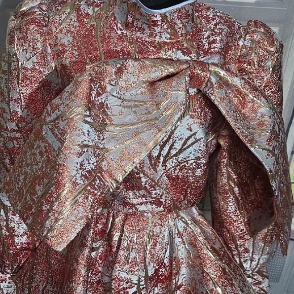 AKIRA Vibrant Red, Gold, and Sky Blue Brocade Patterned Top - Picture 6 of 7